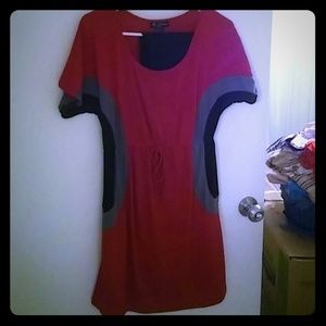 Red, black, and gray dress with black leggings